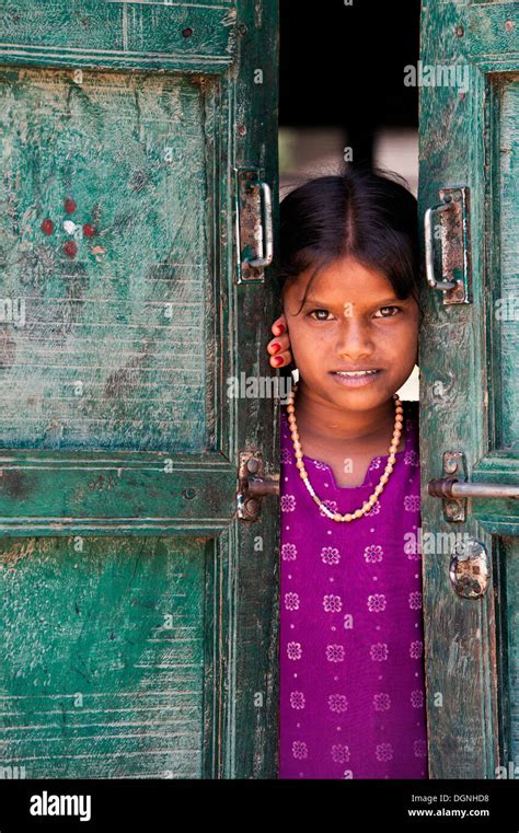 Rural Indian Village Girl Standing In Her House Doorway Andhra Pradesh