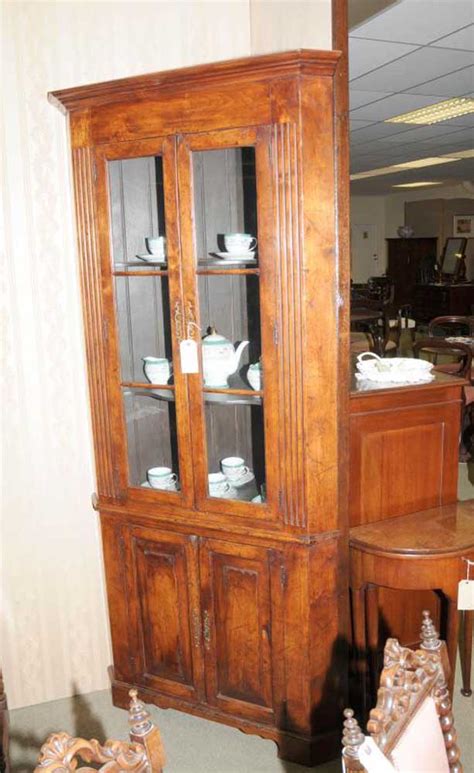 Blue and white corner display cabinet. Farmhouse Cherry Wood Corner Cabinet Display Bookcase
