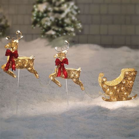 Santa Sleigh And Reindeer Gold Pre Lit Holiday Christmas