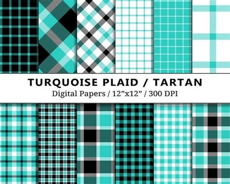 Turquoise Plaid Tartan Digital Paper Lumberjack Teal Fabric Patterns
