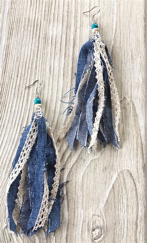 Fringe Denim Earrings Long Fringe Denim Earrings Fluffy Etsy