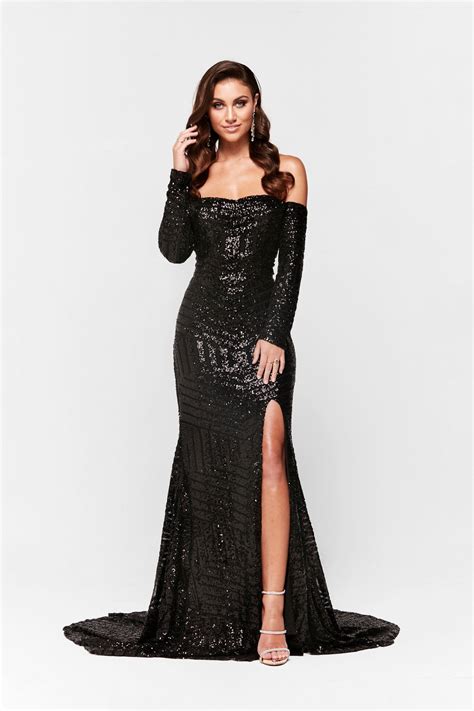 Black Sequin Prom Dress Black Gown Dress Sparkly Dress Long Sleeve