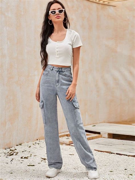 Flap Pocket Side Cargo Jeans Shein Usa Jeans Outfit Women Pocket