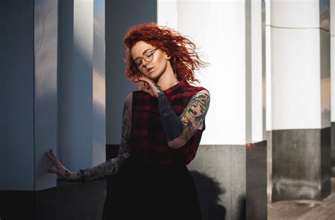 wallpaper closed eyes redhead tattoo red nails women with glasses portrait 2560x1691
