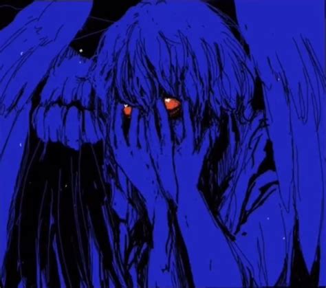 An Image Of Two People With Red Eyes In The Dark Blue Background One Holding His Head To His Face