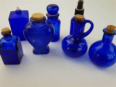 Vintage Glass Bottle Set Cobalt Blue Apothecary Wick Essential Etsy