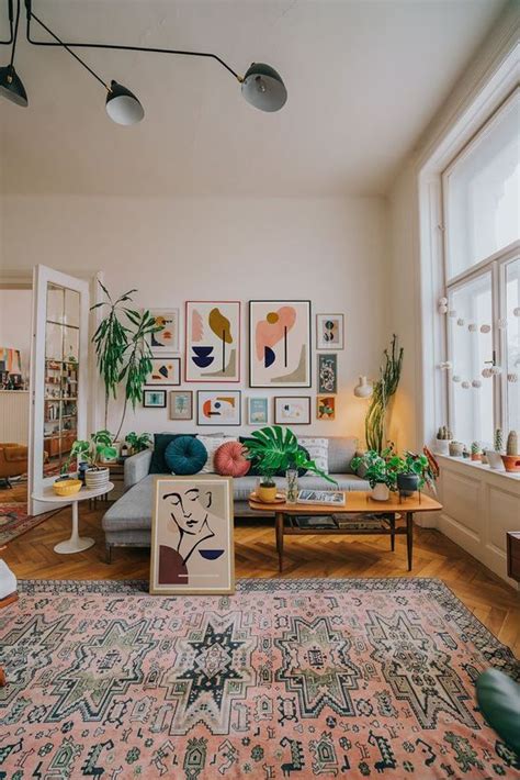 A Colorful Boho Meets Mid Century Living Room With A Bright Gallery