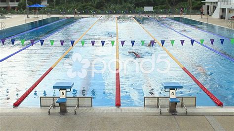 Swimmers Training Lanes Of Olympic Size Swimming Pool In Outdoor