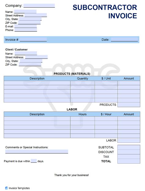 subcontractor invoice template  word excel