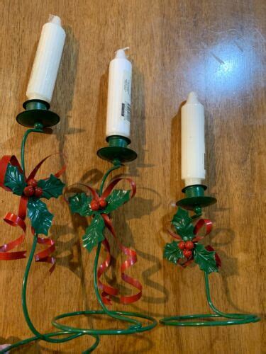 3 Vintage Metal Holly Leaf Green Red Christmas Candle Holders Ebay