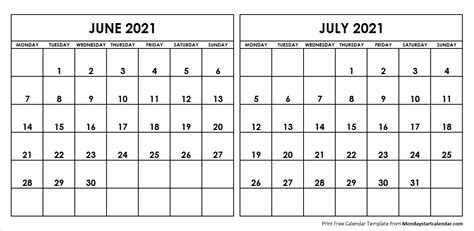 Jun Jul 2021 Calendar Monday Start Editable Two Months Template