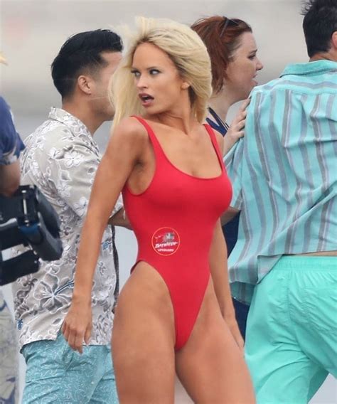Lily James As Pamela Anderson In Red Swimsuit Films Pam And Tommy In Malibu 25 Gotceleb