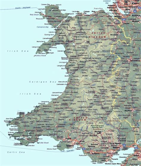 Детальная карта высот Уэльса с дорогами и городами Уэльс Великобритания Европа Maps Of