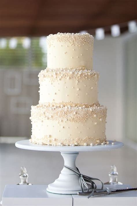 Traditional White Wedding Cake Buttercream And Pearl Details Wedding