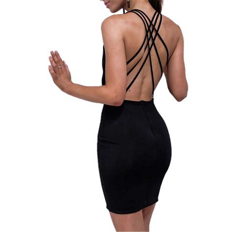 Women Black Backless Maxi Party Dress Summer Slim Deep V Neck Mini