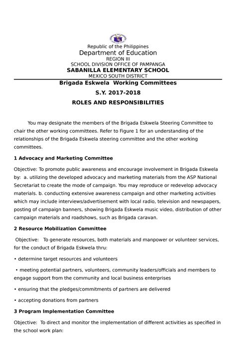 Brigada Eskwela Working Committees Roles 2019 2020 Republic Of The Philippines Department Of