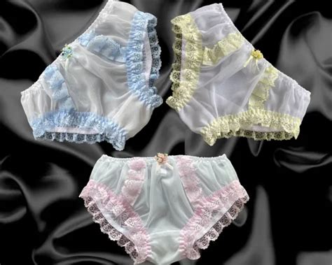 WHITE FRILLY LACE Sissy Sheer Soft Nylon Satin Bow Panties Knickers Size PicClick