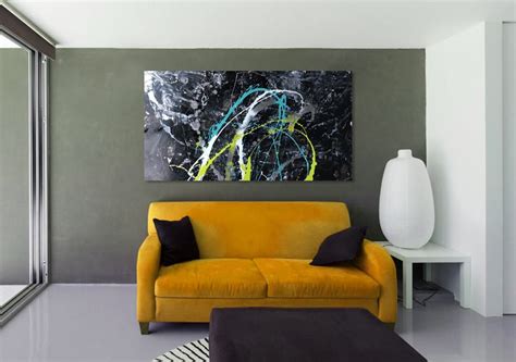 Stunning Original Black Abstract Painting With Lime And Turquoise Accents