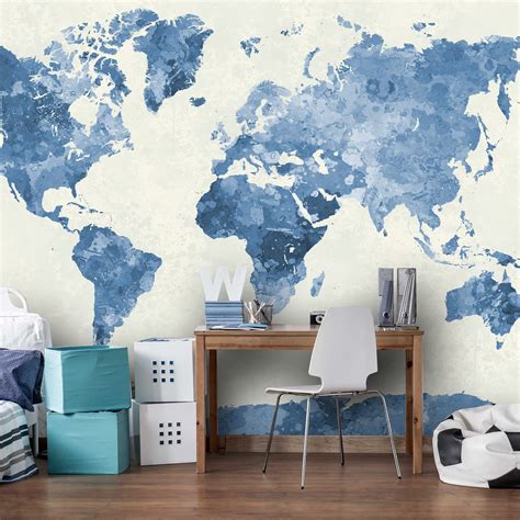 Watercolor World Map In Blue Wall Mural Watercolor World Map Etsy