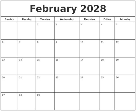 February 2028 Print Free Calendar