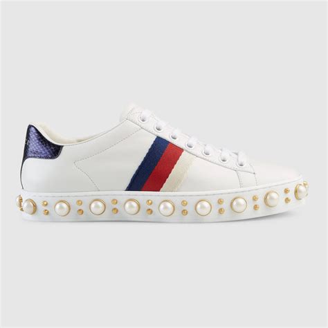 Gucci New Ace Faux Pearl Embellished Leather Trainers White Multi