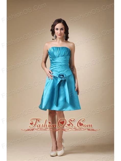 Turquoise A Line Strapless Knee Length Satin Hand Made Flower Prom