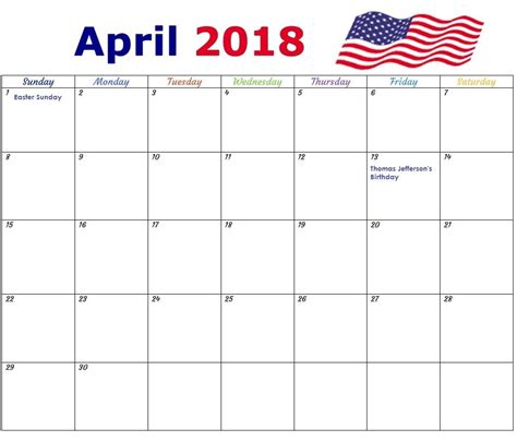 Usa April 2018 Holidays Calendar Planner Holiday Calendar Holiday