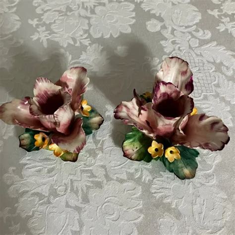 Vintage Capodimonte Porcelain Rose Flower Candle Holder Made In Italy