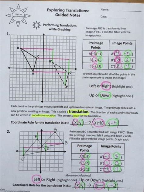 Transformations Worksheets 8th Grade