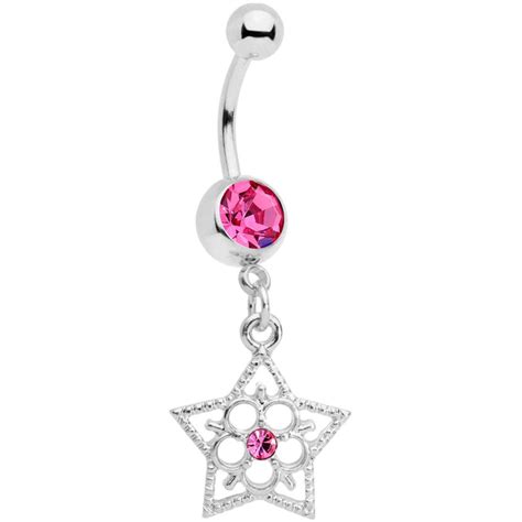Pink Gem Star And Snow Flower Dangle Belly Ring Bodycandy