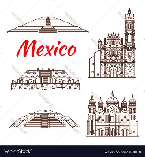 Mexican Travel Landmark Icon Pyramid And Church Vector Image