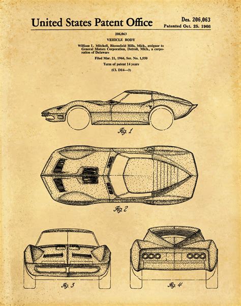 Patent 1966 Corvette Sports Car Poster Wall Art Chevrolet