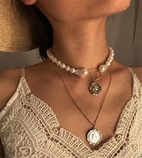Boho Layered Pearl Choker Necklace Relief Disc Charm Pendant Etsy