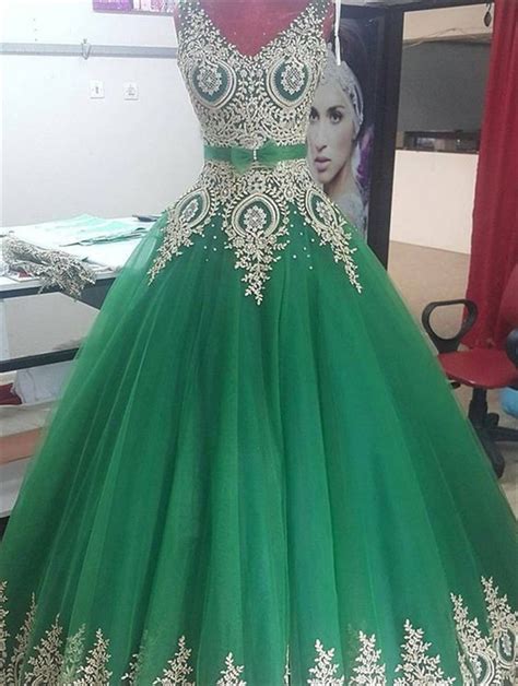 ball gown v neck emerald green tulle gold lace prom dress corset back