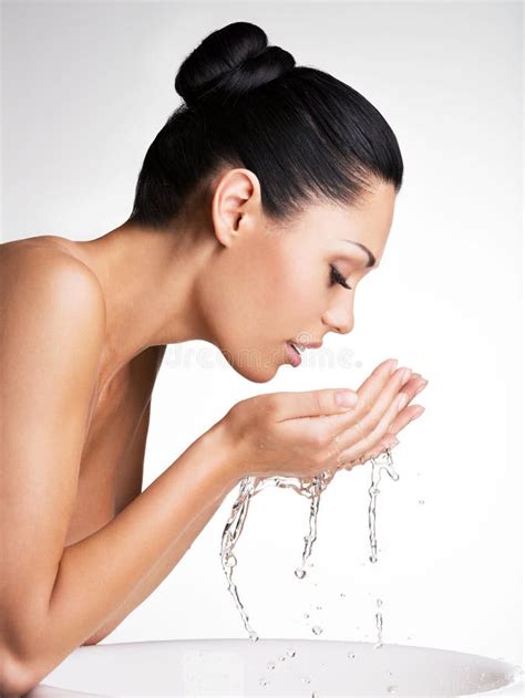 Woman Washing Her Clean Face With Water Stock Image Image Of Wellness