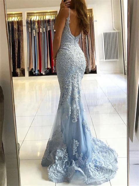 Chic Mermaid Spaghetti Straps Lace Long Prom Dresses Sky Blue Evening