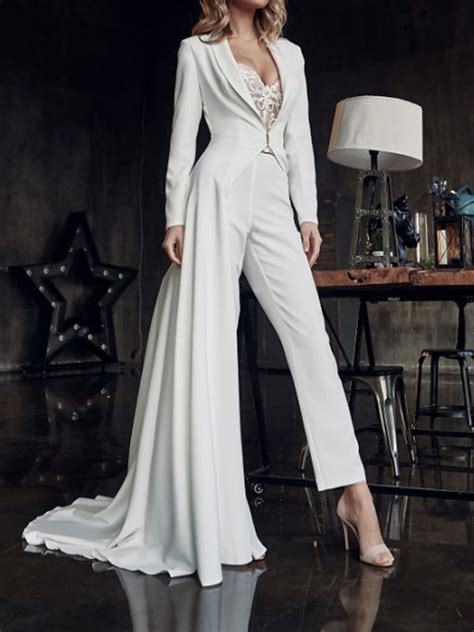 two piece jumpsuits wedding dresses v neck sweep brush train stretch satin long sleeve country