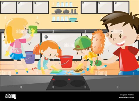 Los Niños Y Niñas De Limpiar La Cocina Ilustración Imagen Vector De