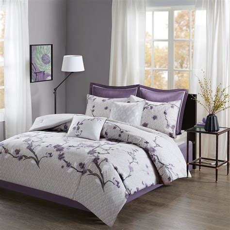 8pc Purple And Grey Floral Cotton Comforter Set And Decorative Pillows
