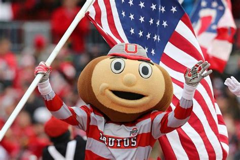 A Mascot With An American Flag On Its Head And Hands In The Air