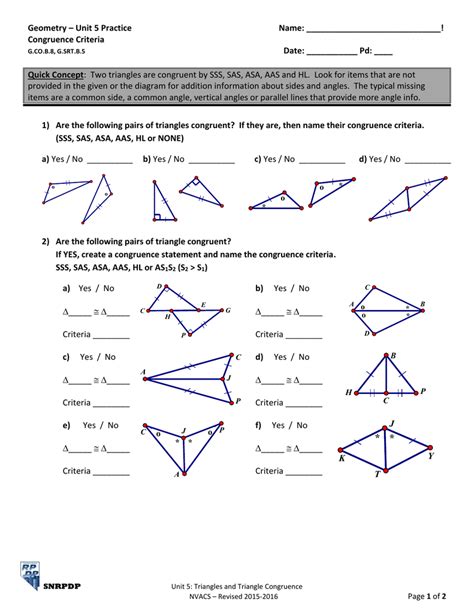 Given below are the class 9 maths triangle congruence worksheet (a) concepts questions (b) calculation problems (c. Geometry - Unit 5 Practice Name ...