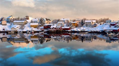 Norway Lofoten Winter House Snow Boats Water Reflection Wallpaper