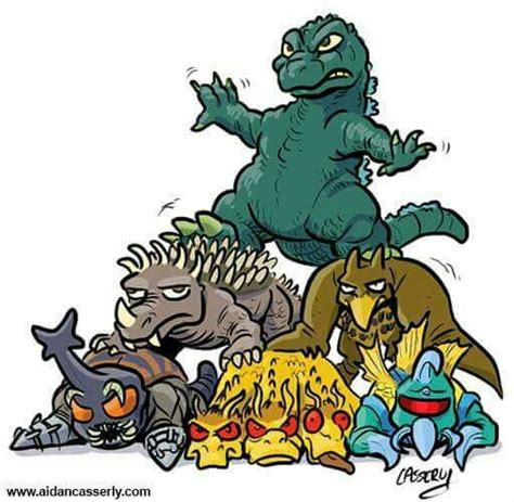 An Image Of Godzillas And Other Cartoon Characters