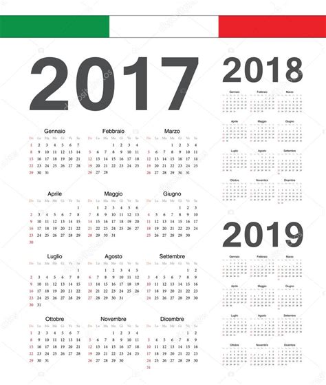 Set Of Italian 2017 2018 2019 Year Vector Calendars Stock Vector