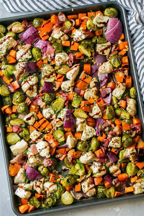 Sheet Pan Chicken Sweet Potatoes And Brussels Sprouts With Bacon And