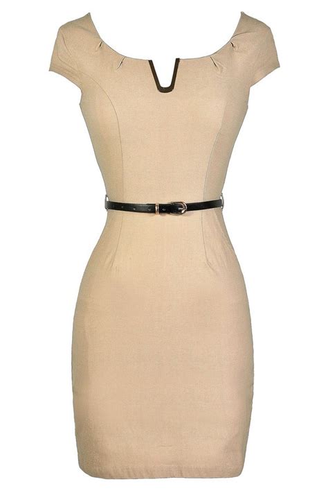 V For Victory Belted Pencil Dress In Beige Lily Boutique