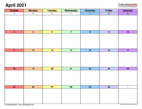 The number of tasks in our. April 2021 Calendar | Templates for Word, Excel and PDF