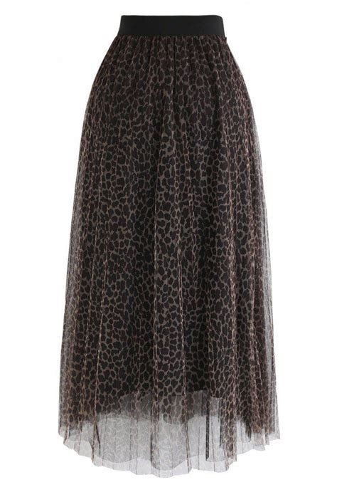 Leopard Printed Double Layered Mesh Tulle Pleated Skirt Pleated Skirt