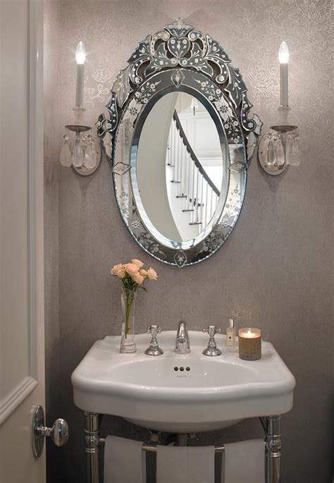 Gray French Powder Room With Oval Venetian Mirror French