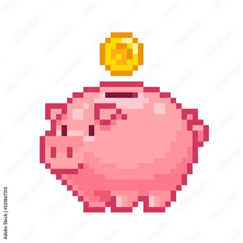 Pixel Piggy Bank With Gold Coin Isolated On White Vector Pixel Art